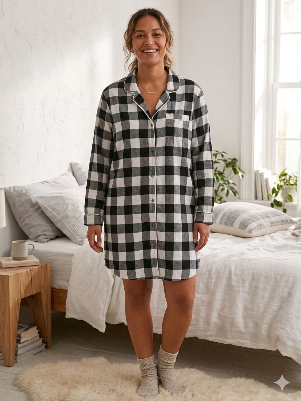 Classic Black & White Buffalo Check Button-Front Sleep Shirt
